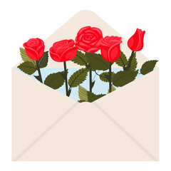 Bright red roses in a postal envelope. Vector illustration on a white background.