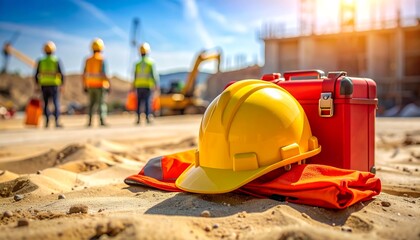 作業員が並ぶ建設現場で安全装備が前景に置かれた業務風景
