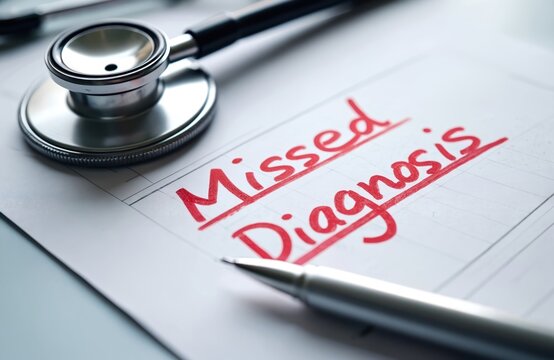 Stethoscope lies on paper with words Missed Diagnosis in red ink. Medical form with pen indicates doctor error. Patient care oversight leads to health problems. Wrong assessment.