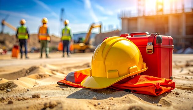 作業員が並ぶ建設現場で安全装備が前景に置かれた業務風景