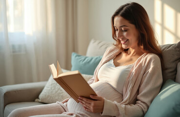 Pregnant woman relaxes on couch, reading baby book. She smiles, preparing for motherhood and childbirth. Future mom studies parenting information in cozy home interior.