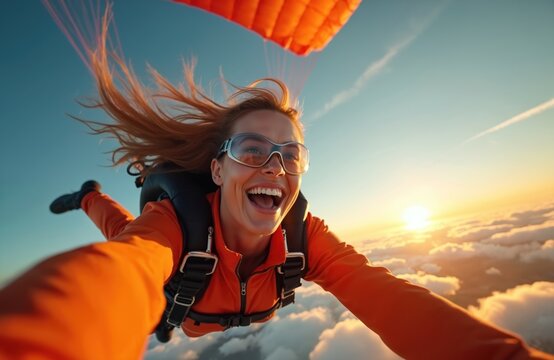 Happy woman skydiving over clouds at sunset. She wears orange jacket goggles, smiles freely during extreme sport adventure. Wind blows her hair.
