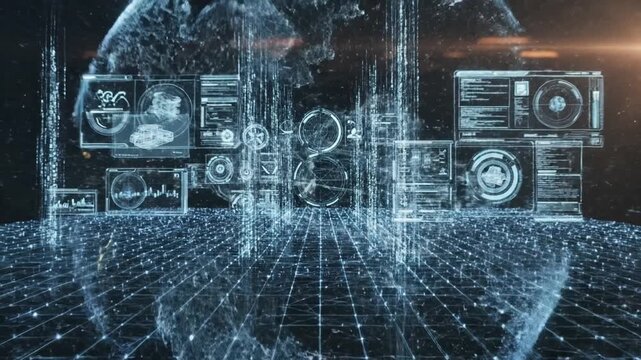 futuristic holographic interface displaying complex data and 3d models in a digital grid environment