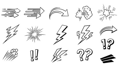 Comic boom cartoon effect line element set. Comic speech bubble pow, boom text, explosive splash smoke, wow cartoon vector icon. Hand drawn sketch doodle explosive element. Vector illustration.