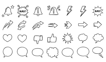 Comic boom cartoon effect line element set. Comic speech bubble pow, boom text, explosive splash smoke, wow cartoon vector icon. Hand drawn sketch doodle explosive element. Vector illustration.
