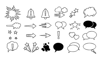 Comic boom cartoon effect line element set. Comic speech bubble pow, boom text, explosive splash smoke, wow cartoon vector icon. Hand drawn sketch doodle explosive element. Vector illustration.