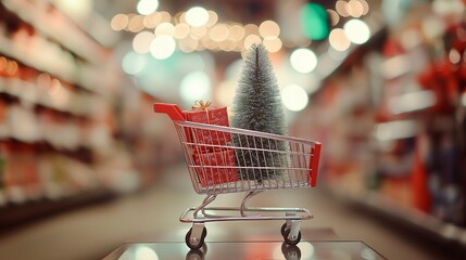 christmas background, gifts with shopping cart