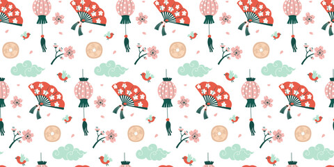 Chinese New Year Seamless Pattern with Lanterns, Fans and Cherry Blossoms