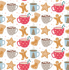 Seamless pattern with gingerbread and hot drinks. Background with colorful cups and cookies