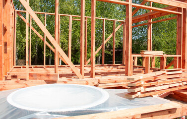 Wooden structure, wooden beams. Wooden rafters. new building