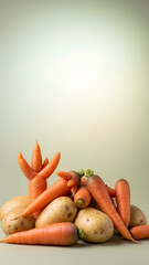 Collection of imperfect carrots and potatoes arranged in the lower third of a plain pastel backdrop, large empty upper area working as negative space for campaign text, concept of food waste reduction