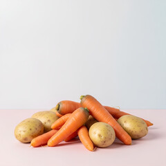 Collection of imperfect carrots and potatoes arranged in the lower third of a plain pastel backdrop, large empty upper area working as negative space for campaign text, concept of food waste reduction