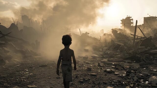 Refugee Crisis Concept with Child in Conflict Area