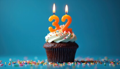 Chocolate cupcake with white frosting adorned by number 32 candles and colorful sprinkles. Festive treat for a birthday celebration, perfect for anniversary invites or party decorations.