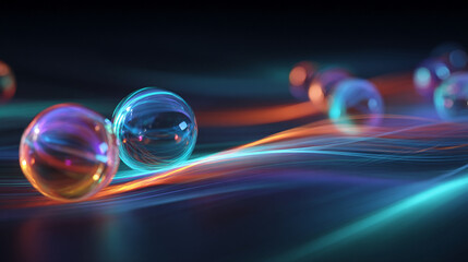 Colorful neon spheres radiate vibrant energy amid flowing digital waves, symbolizing advanced AI technology, data intelligence, and the dynamic power of futuristic innovation in a modern abstract scen