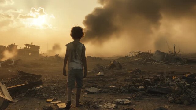 Innocent Child in Ruins of Destroyed City