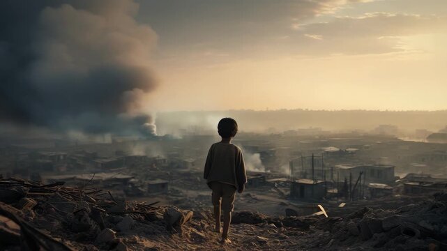 Child Walking Through War Torn City After Destruction