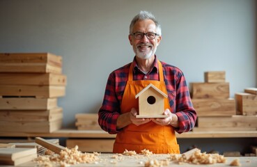 Smiling senior man with glasses in apron holds small wooden birdhouse. Craftsman in workshop with stacks of lumber and wood shavings. Happy carpenter shows finished product.