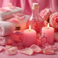 pink scented glowing candles and massage oil, generative ai