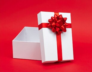 Blank white gift box open or top view of white present box tied with red ribbon bow isolated on dark red background with shadow minimal conceptual 3D rendering 