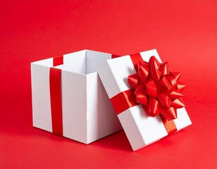 Blank white gift box open or top view of white present box tied with red ribbon bow isolated on dark red background with shadow minimal conceptual 3D rendering 