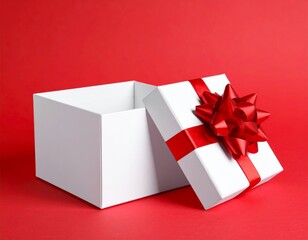 Blank white gift box open or top view of white present box tied with red ribbon bow isolated on dark red background with shadow minimal conceptual 3D rendering 