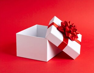 Blank white gift box open or top view of white present box tied with red ribbon bow isolated on dark red background with shadow minimal conceptual 3D rendering 