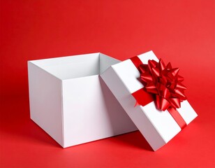 Blank white gift box open or top view of white present box tied with red ribbon bow isolated on dark red background with shadow minimal conceptual 3D rendering 