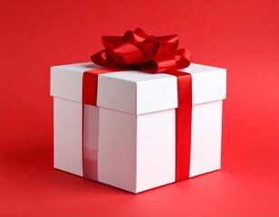 Blank white gift box open or top view of white present box tied with red ribbon bow isolated on dark red background with shadow minimal conceptual 3D rendering 
