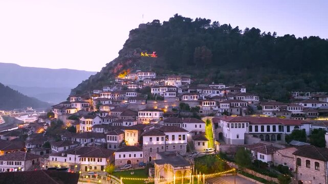 Albania Berat city and tomorrow mountain view from castle wall old Illyrian stronghold