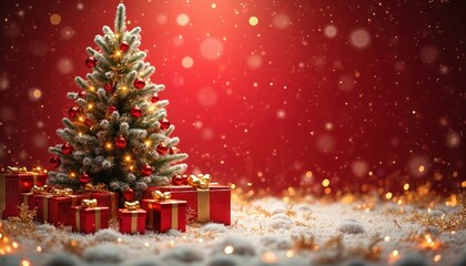 Festive decorated Christmas tree with red baubles, lights sits surrounded by gift boxes on snowy ground. Red backdrop with falling snowflakes, bokeh lights create celebratory holiday mood. Winter