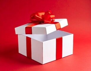 Blank white gift box open or top view of white present box tied with red ribbon bow isolated on dark red background with shadow minimal conceptual 3D rendering 