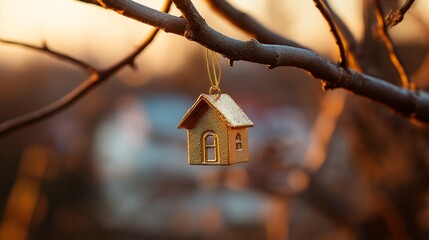 christmas tree house with a toy in a snow - tree on a blurred background. new year 's holiday concept, winter holidays, christmas. selective