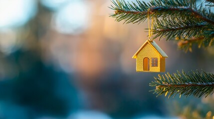 christmas tree house with a toy in a snow - tree on a blurred background. new year 's holiday concept, winter holidays, christmas. selective