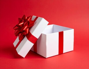 Blank white gift box open or top view of white present box tied with red ribbon bow isolated on dark red background with shadow minimal conceptual 3D rendering 
