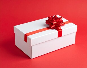 Blank white gift box open or top view of white present box tied with red ribbon bow isolated on dark red background with shadow minimal conceptual 3D rendering 