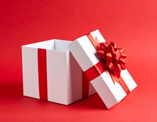 Blank white gift box open or top view of white present box tied with red ribbon bow isolated on dark red background with shadow minimal conceptual 3D rendering 