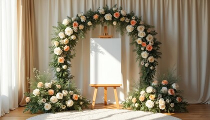 Elegant floral arch with blank easel for wedding or event welcome message. Neutral colors suit various themes. Light drapes and wood floor add sophistication. Copy space available.