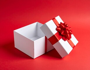 Blank white gift box open or top view of white present box tied with red ribbon bow isolated on dark red background with shadow minimal conceptual 3D rendering 