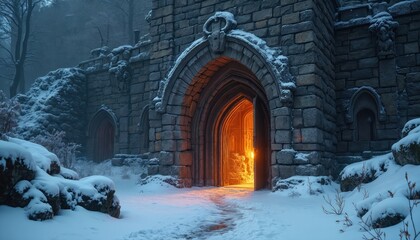 Naklejka premium Snowy stone castle entrance glows with warm interior light. Ancient arched doorway opens into mysterious dark halls. Winter evening scene outside old fortress walls.