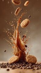 Delicious cookies and coffee beans splashing in liquid caramel