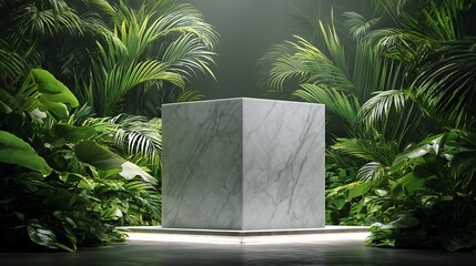 Marble cube in lush tropical jungle with vibrant green plants