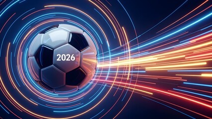 Futuristic soccer ball with neon lights and 2026 year display