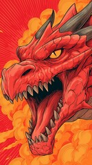 Fierce red dragon head with sharp teeth and horns in fiery explosion