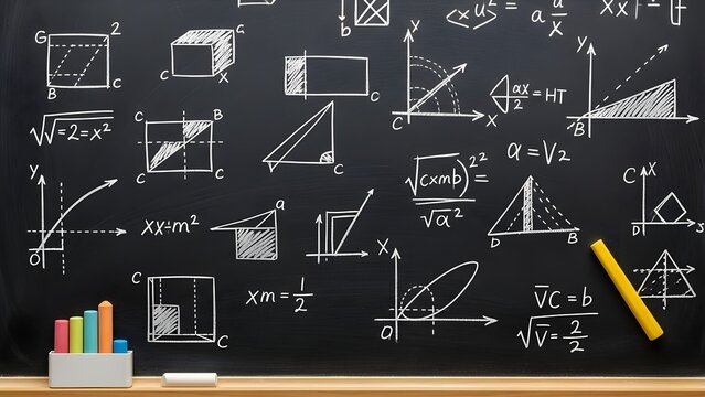 A blackboard filled with various geometric shapes and mathematical equations in a classroom setting - Powered by Adobe