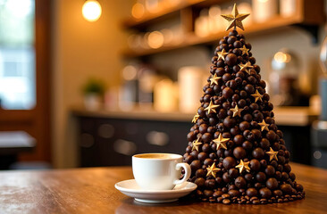 Chocolate Christmas tree made of round chocolate balls and golden stars, placed beside a white cup of coffee on a wooden table in a cozy cafe setting. Greeting card with copy space