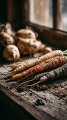 Vibrant carrots and ginger on rustic wooden table by window