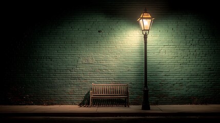 Lonely street bench under vintage lamppost at night