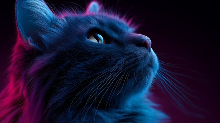 Majestic blue cat with neon glow looking upwards curiously