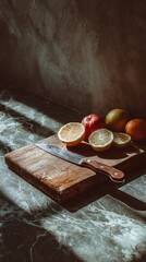 Fresh citrus fruits and knife on wooden cutting board